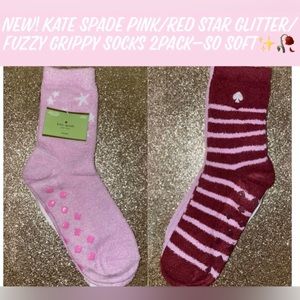 New! Kate Spade Pink/Red Star Glitter/Fuzzy Grippy Socks 2Pack-So Soft✨🥀